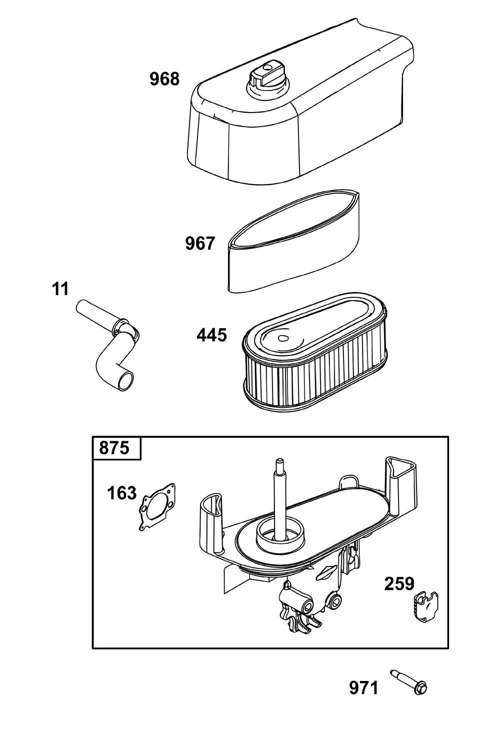 Air Cleaner Group Diagram and Parts List for 14D932-0236-F1 100000 - 19Z999 Briggs and Stratton Engine